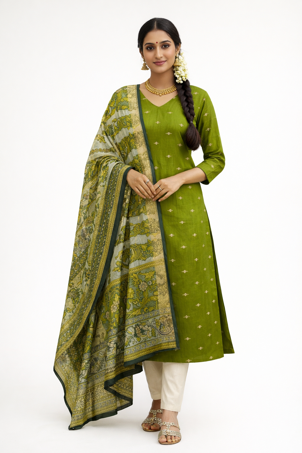 Olive Green Raw Silk Salwar Suit Set with Kalamkari Dupatta