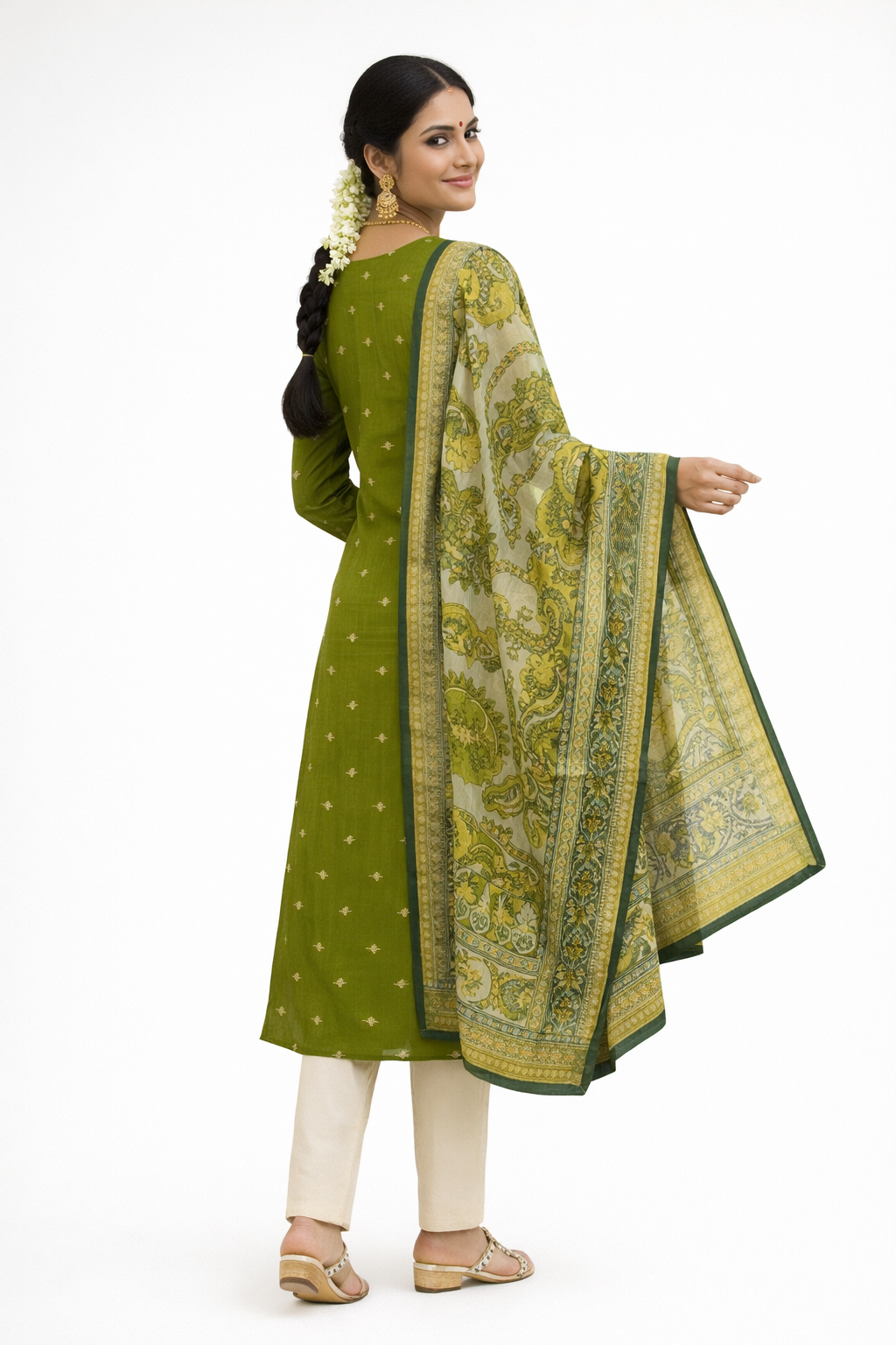 Olive Green Raw Silk Salwar Suit Set with Kalamkari Dupatta
