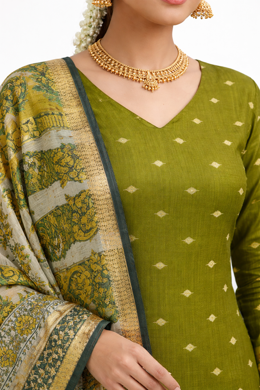 Olive Green Raw Silk Salwar Suit Set with Kalamkari Dupatta