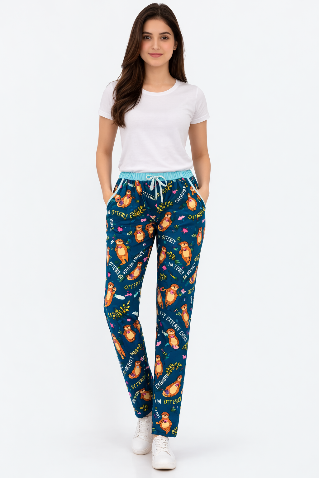 Peacock Blue Printed Ladies Track Pant – Cotton Lycra, Elastic Waist with Pocket