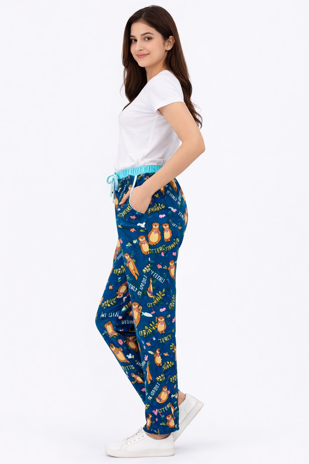 Peacock Blue Printed Ladies Track Pant – Cotton Lycra, Elastic Waist with Pocket