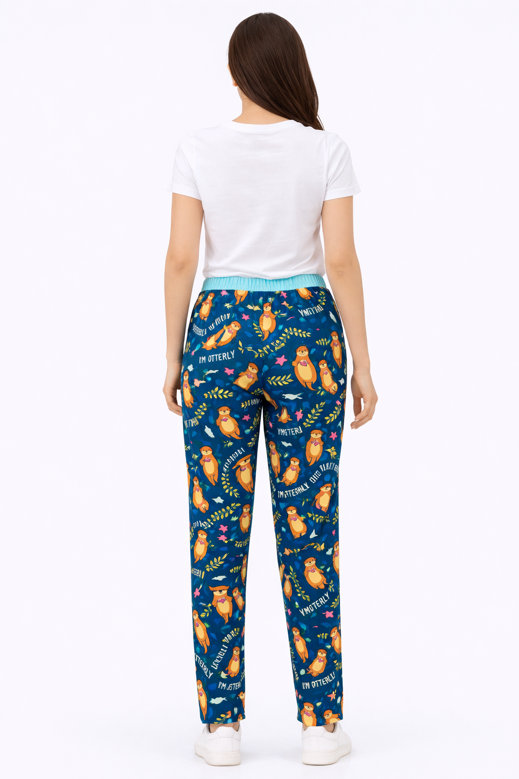 Peacock Blue Printed Ladies Track Pant – Cotton Lycra, Elastic Waist with Pocket