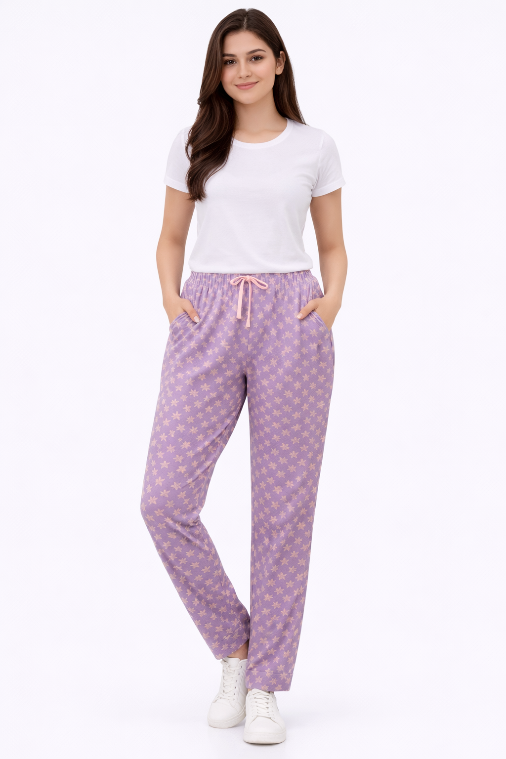 Lavender Printed Cotton Lycra Ladies Track Pant – Elastic Waist Regular Wear