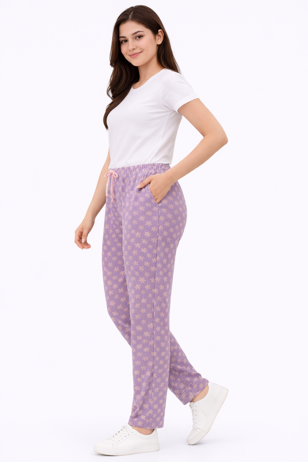 Lavender Printed Cotton Lycra Ladies Track Pant – Elastic Waist Regular Wear