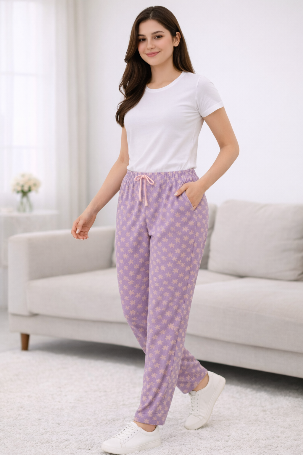 Lavender Printed Cotton Lycra Ladies Track Pant – Elastic Waist Regular Wear