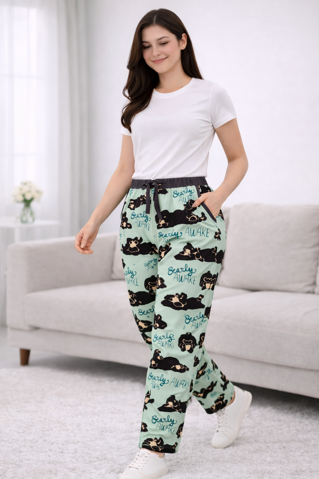 Light Green Printed Cotton Lycra Ladies Track Pant – Elastic Waist Regular Wear