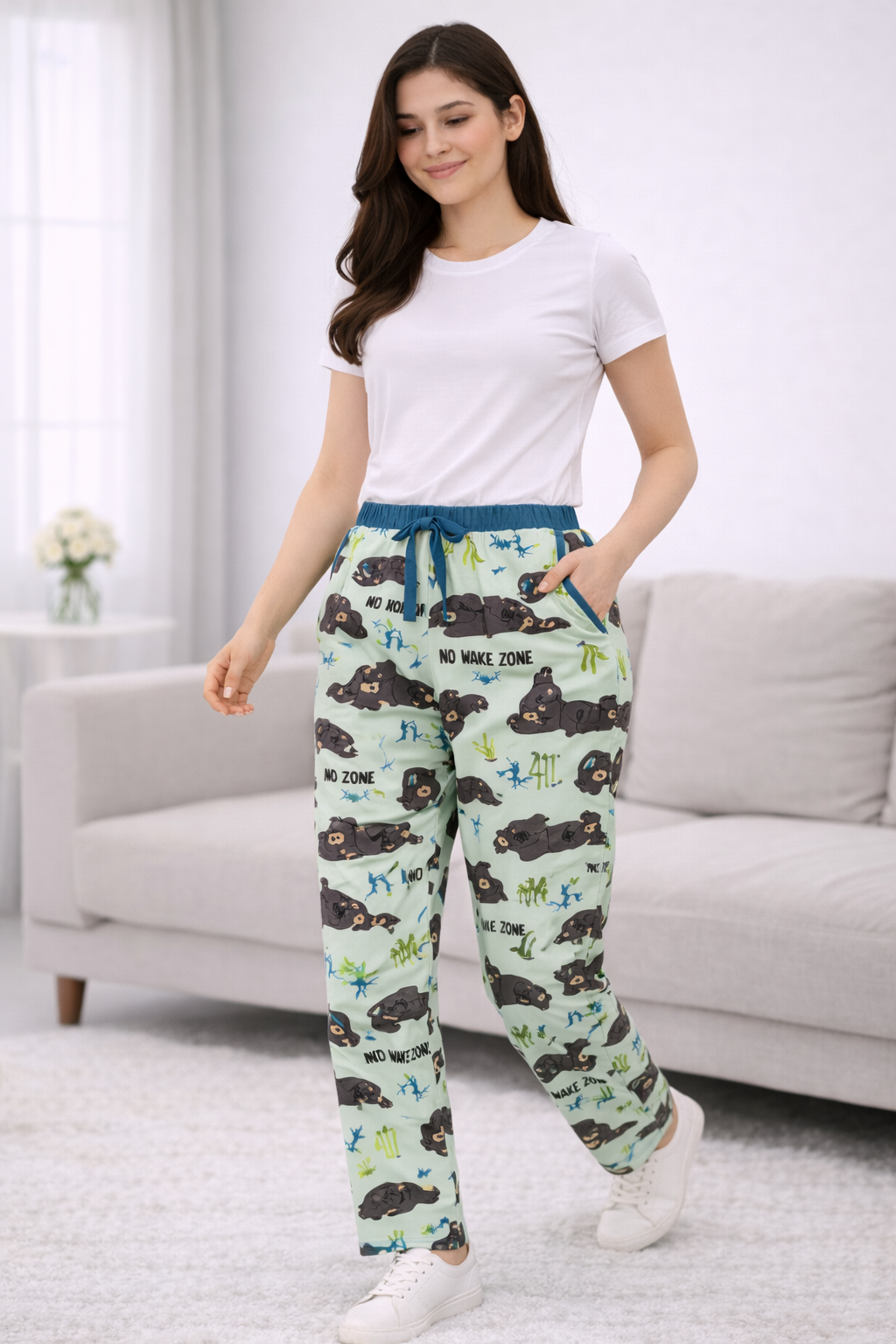 Light Green Printed Ladies Track Pant – Cotton Lycra Elastic Waist Regular Wear