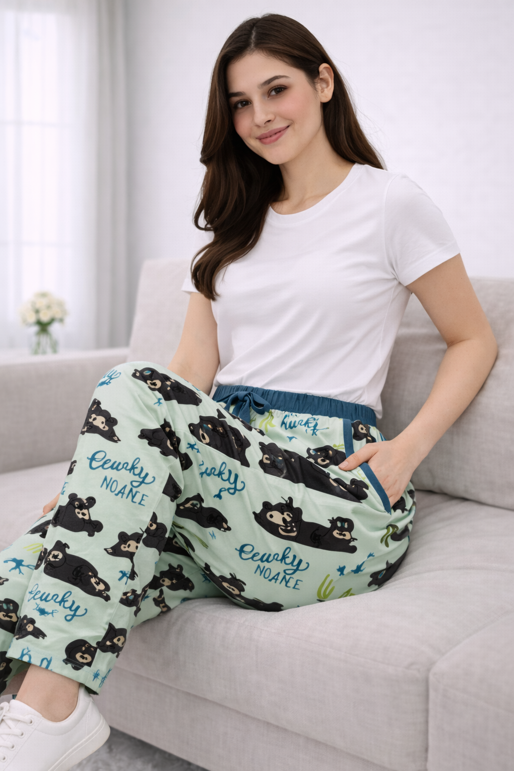 Light Green Printed Ladies Track Pant – Cotton Lycra Elastic Waist Regular Wear