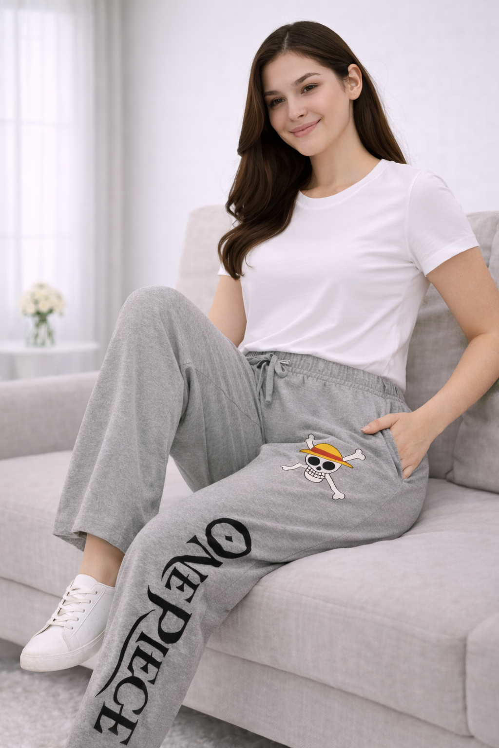 Women’s Gray One Piece Printed Cotton Lycra Track Pant – Elastic Waist Regular Fit