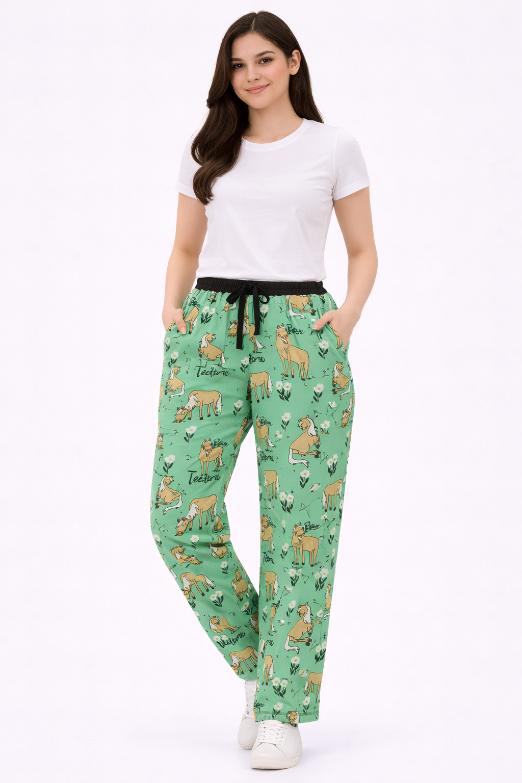 Women’s Green Printed Cotton Lycra Track Pant with Elastic Waist & Pockets