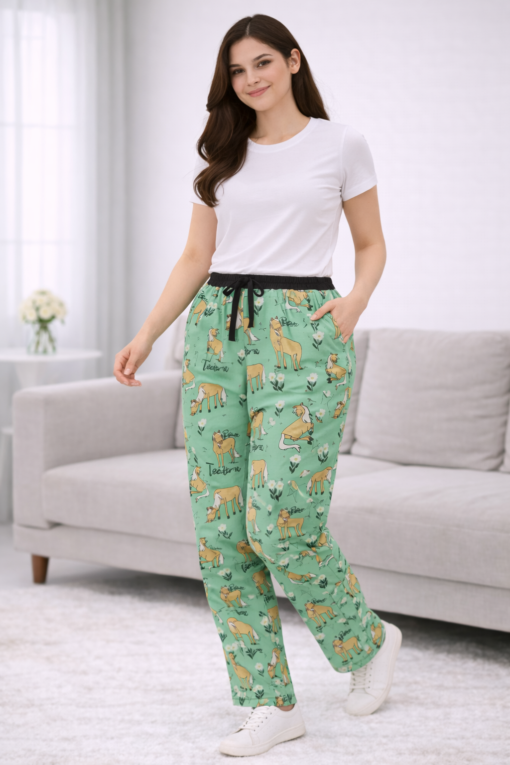Women’s Green Printed Cotton Lycra Track Pant with Elastic Waist & Pockets