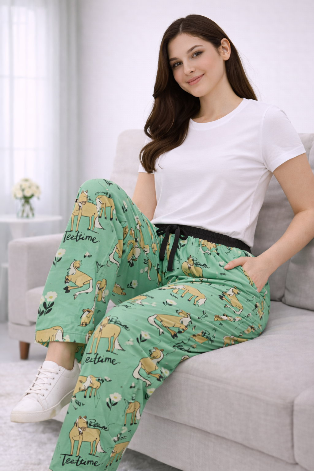 Women’s Green Printed Cotton Lycra Track Pant with Elastic Waist & Pockets