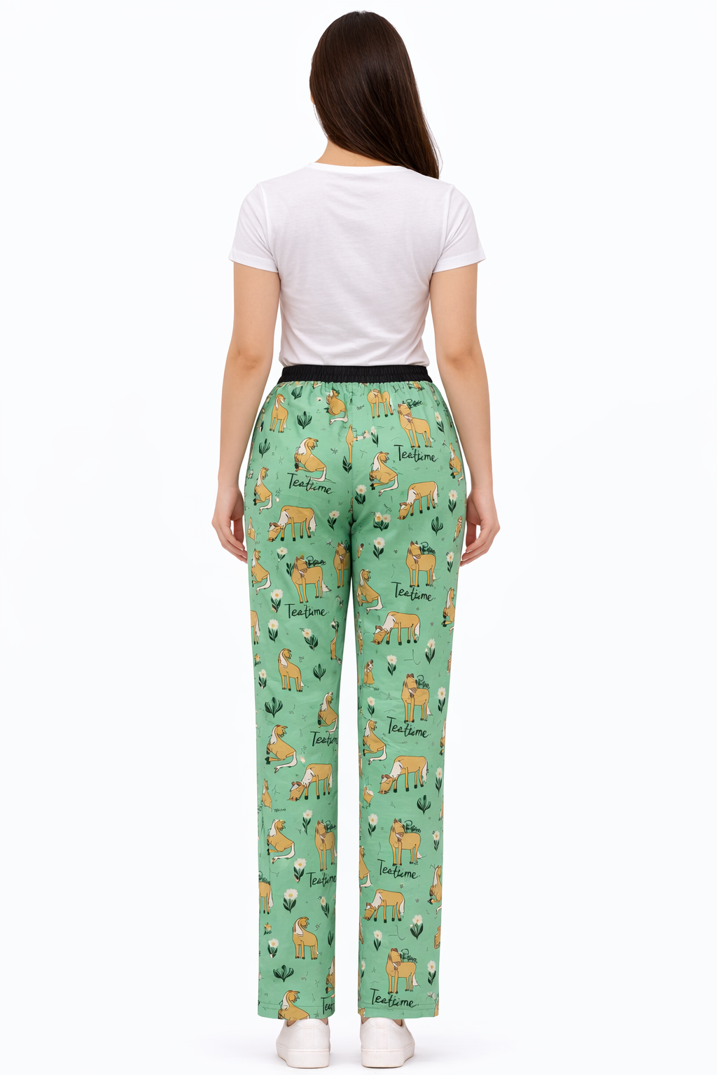 Women’s Green Printed Cotton Lycra Track Pant with Elastic Waist & Pockets