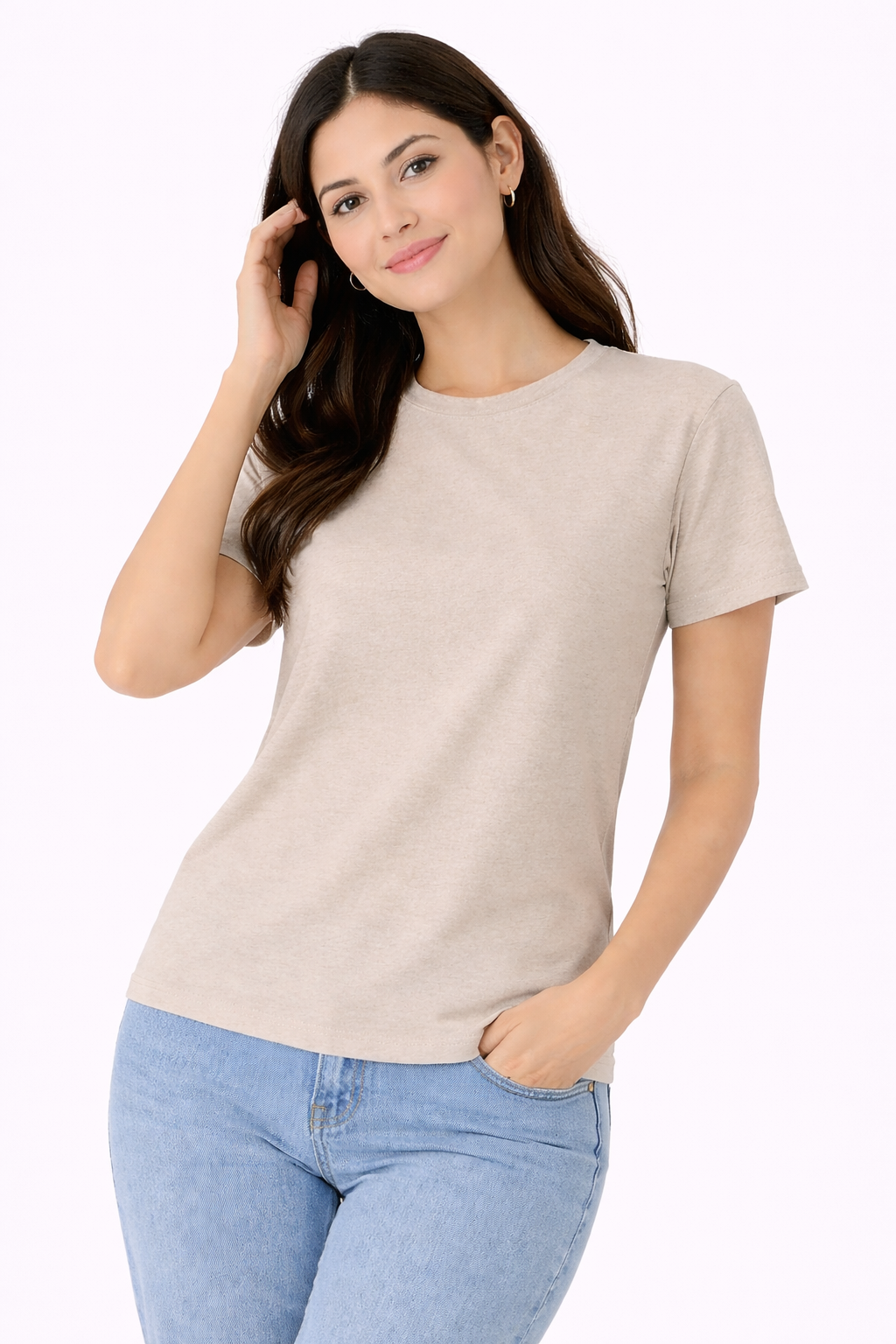 Women’s Light Grey Melange Solid T-Shirt – Classic Everyday Basic Top