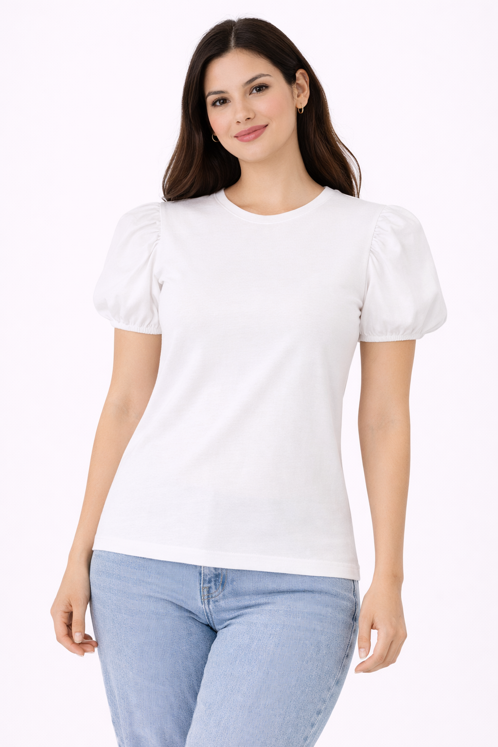 Women’s White Puff Sleeve Top – Elegant Solid Casual Wear