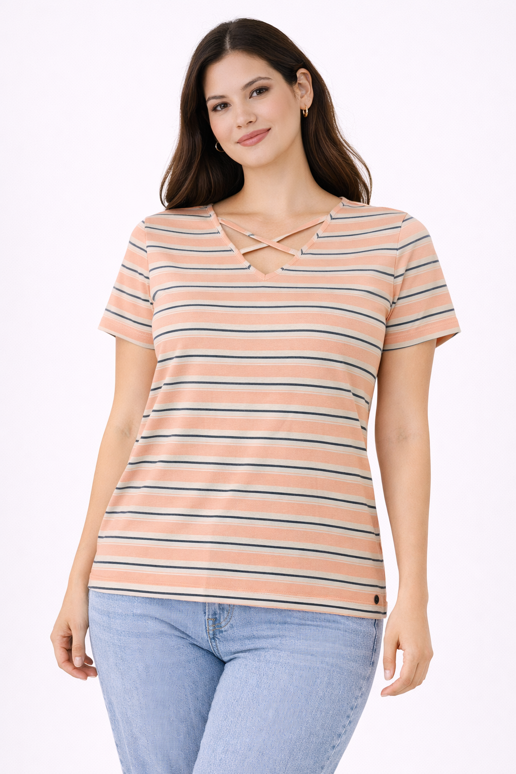 Women’s Peach & White Striped Top with Criss-Cross Back – Casual Summer Wear