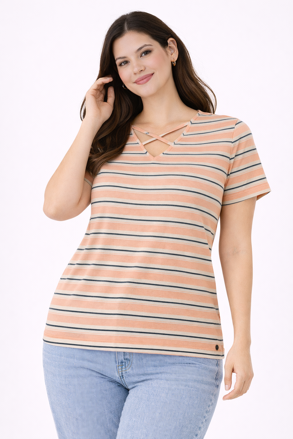 Women’s Peach & White Striped Top with Criss-Cross Back – Casual Summer Wear