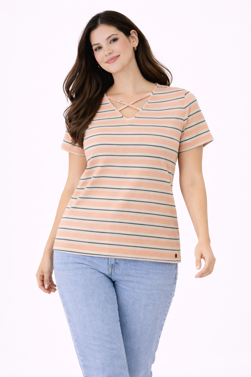 Women’s Peach & White Striped Top with Criss-Cross Back – Casual Summer Wear