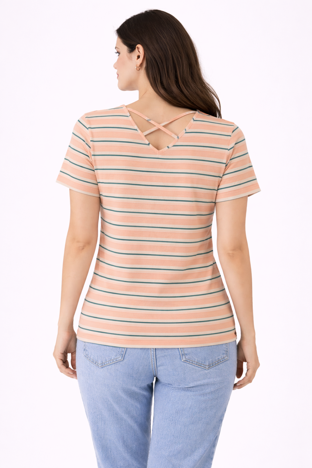 Women’s Peach & White Striped Top with Criss-Cross Back – Casual Summer Wear