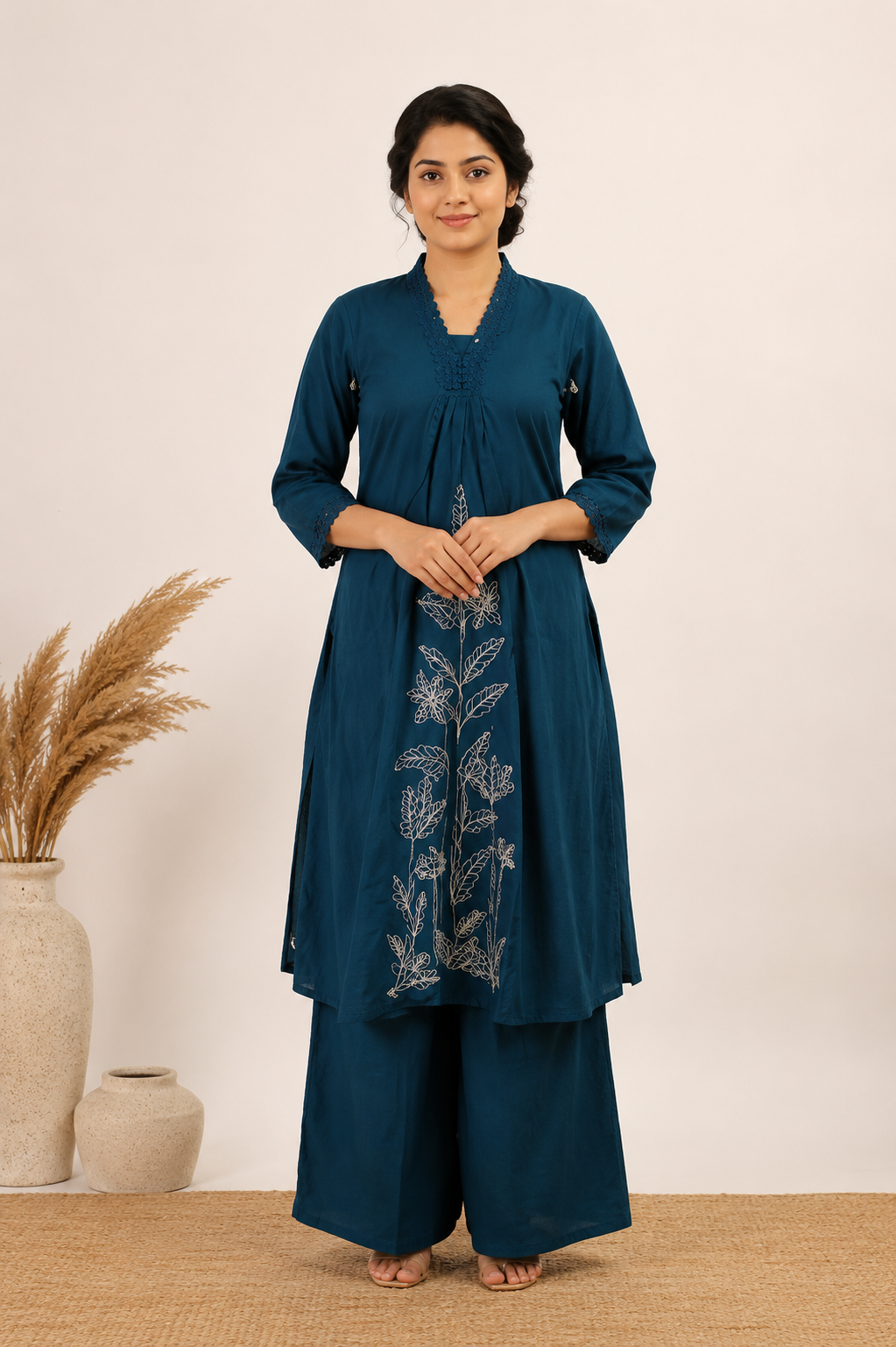 Women’s Peacock Green Co-Ord Set – Cotton Umbrella Style Top & Bottom with Lace Embroidery