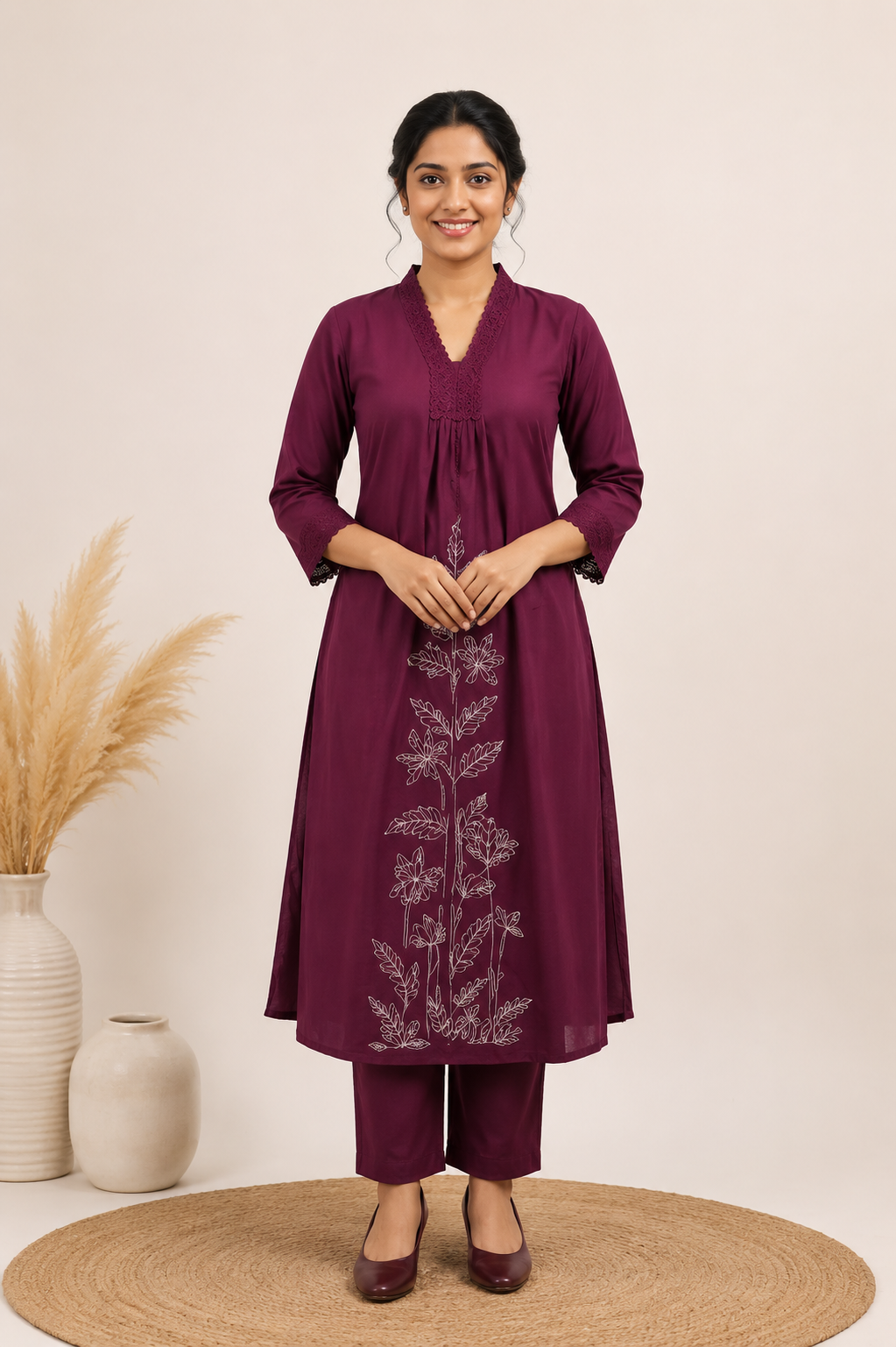 Women’s Wine Co-Ord Set – Cotton Umbrella Style Top & Bottom with Lace Embroidery