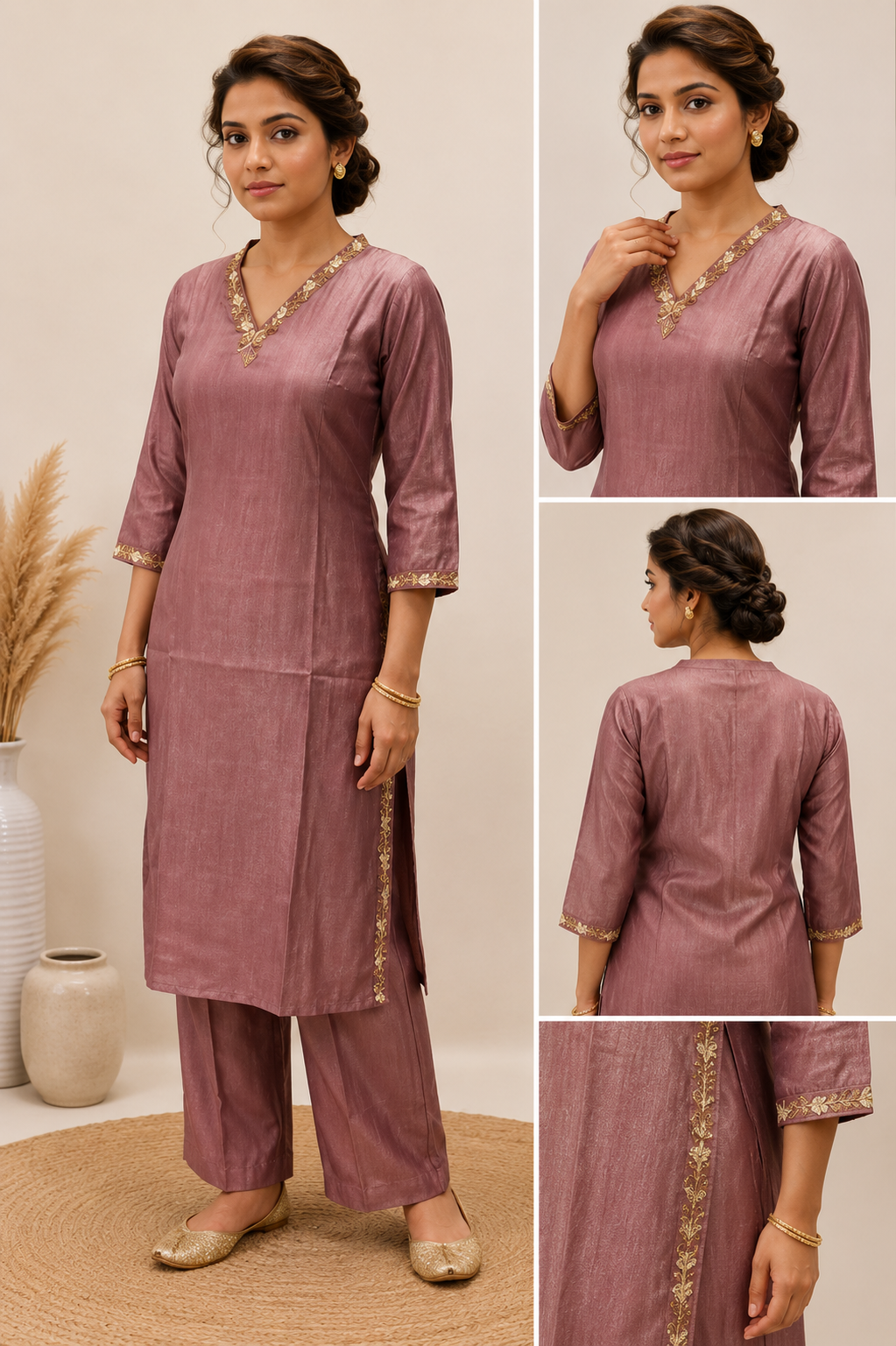 Women’s Onion Pink Co-Ord Set – Glass Roman Umbrella Style Top & Bottom with Embroidery