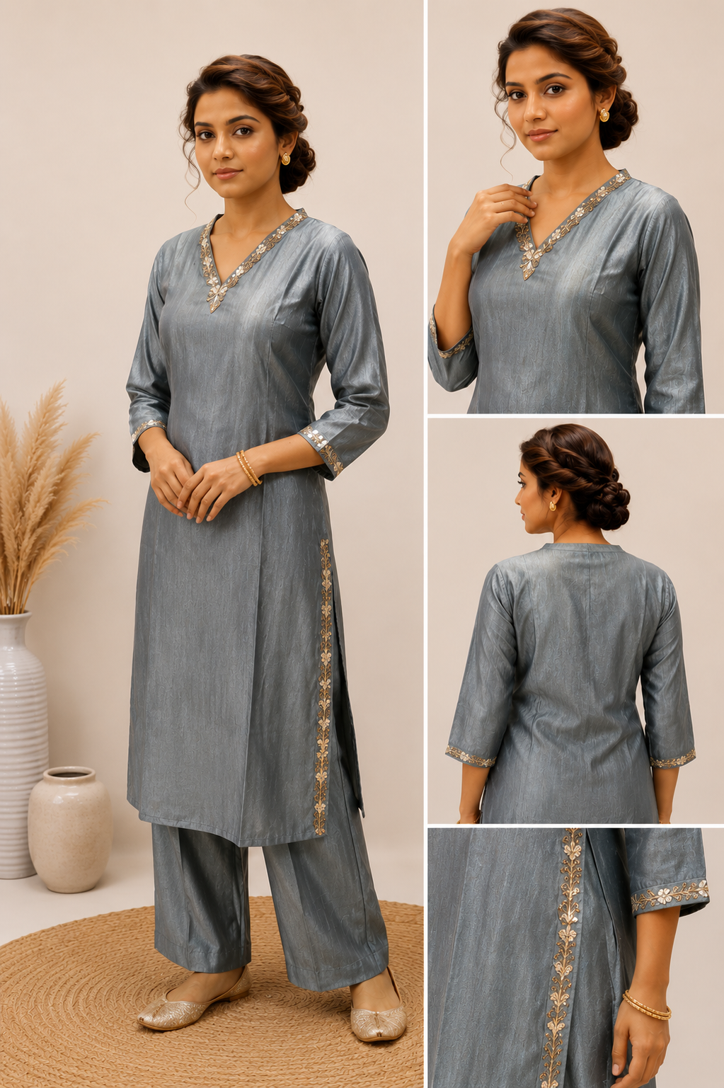 Women’s Green Co-Ord Set – Glass Roman Umbrella Style Top & Bottom with Embroidery