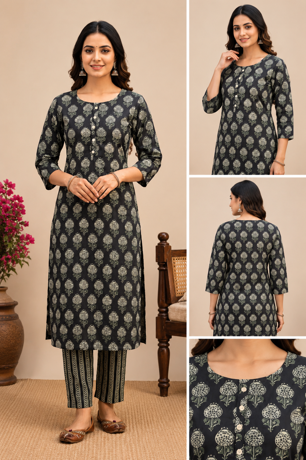 Women’s Black Co-Ord Set – Cotton Blend Top & Bottom Regular Wear Set