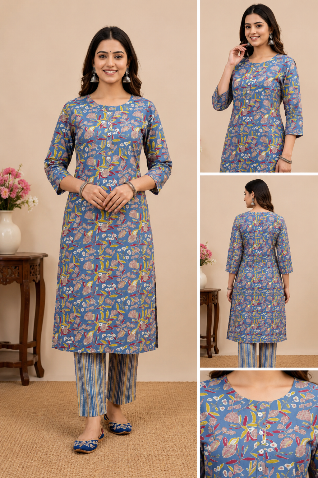 Women’s Blue Co-Ord Set – Cotton Blend Top & Bottom Regular Wear Set