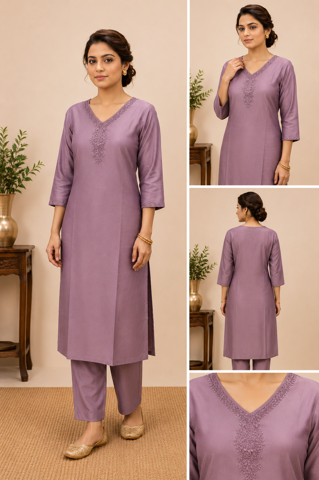 Lavender Aari Work Side Open Kurti for Women | V Neck Glass Roman Office Wear Kurti