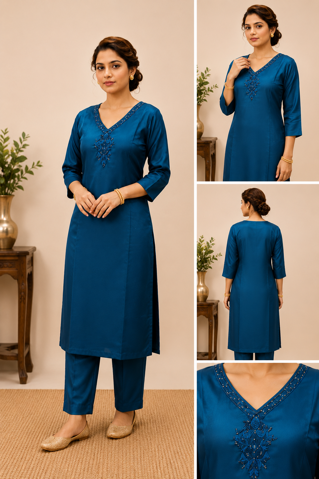Blue Aari Work Side Open Kurti for Women | V Neck Glass Roman Office Wear Kurti