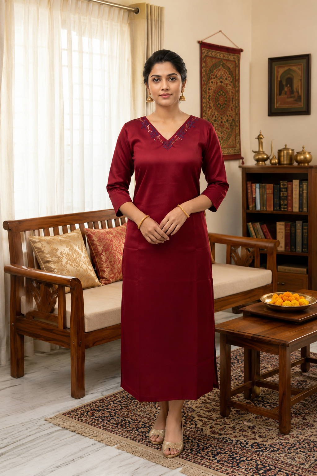 Maroon Aari & Embroidery Work Side Open Kurti for Women | V Neck Glass Roman Kurti