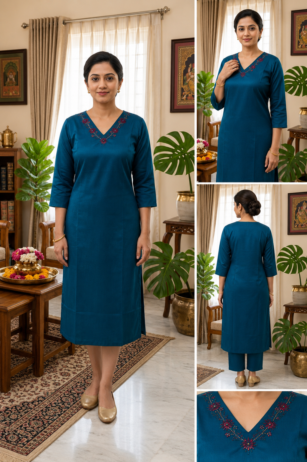 Blue Aari & Embroidery Work Side Open Kurti for Women | V Neck Glass Roman Kurti
