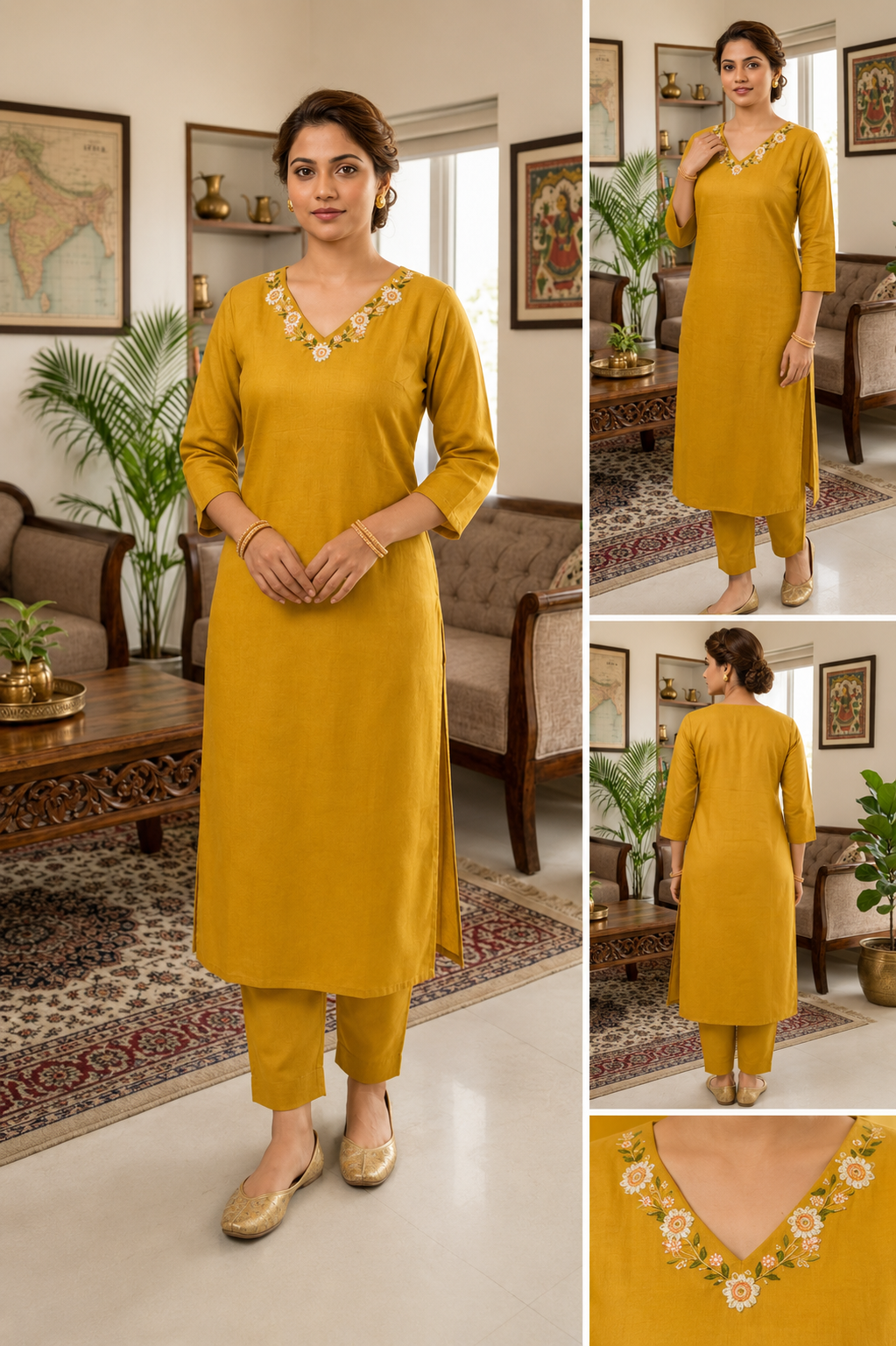 Yellow Aari & Embroidery Work Side Open Kurti for Women | V Neck Glass Roman Kurti