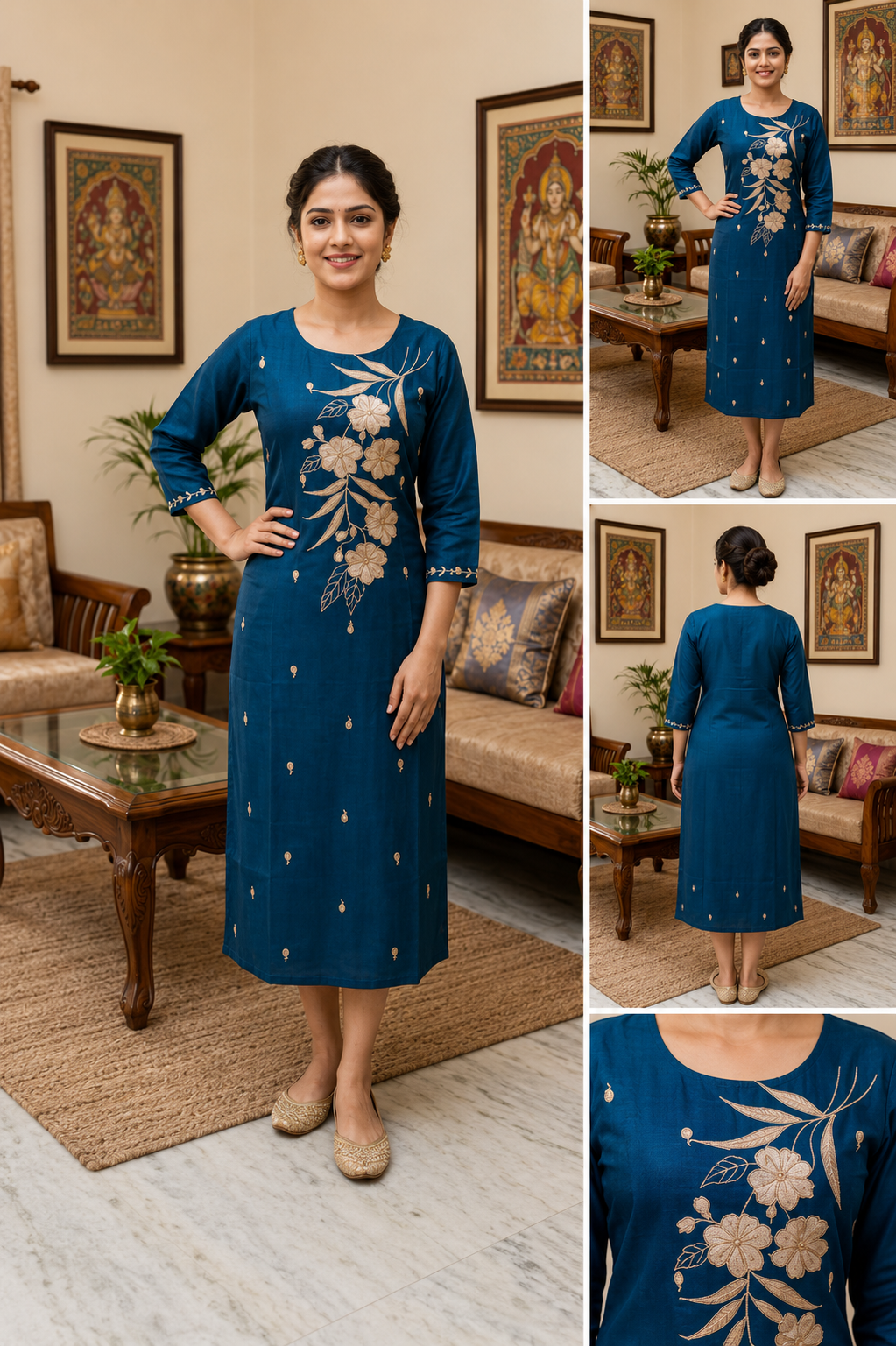 Blue Embroidery Work Side Open Kurti for Women | Round Neck Glass Roman Kurti