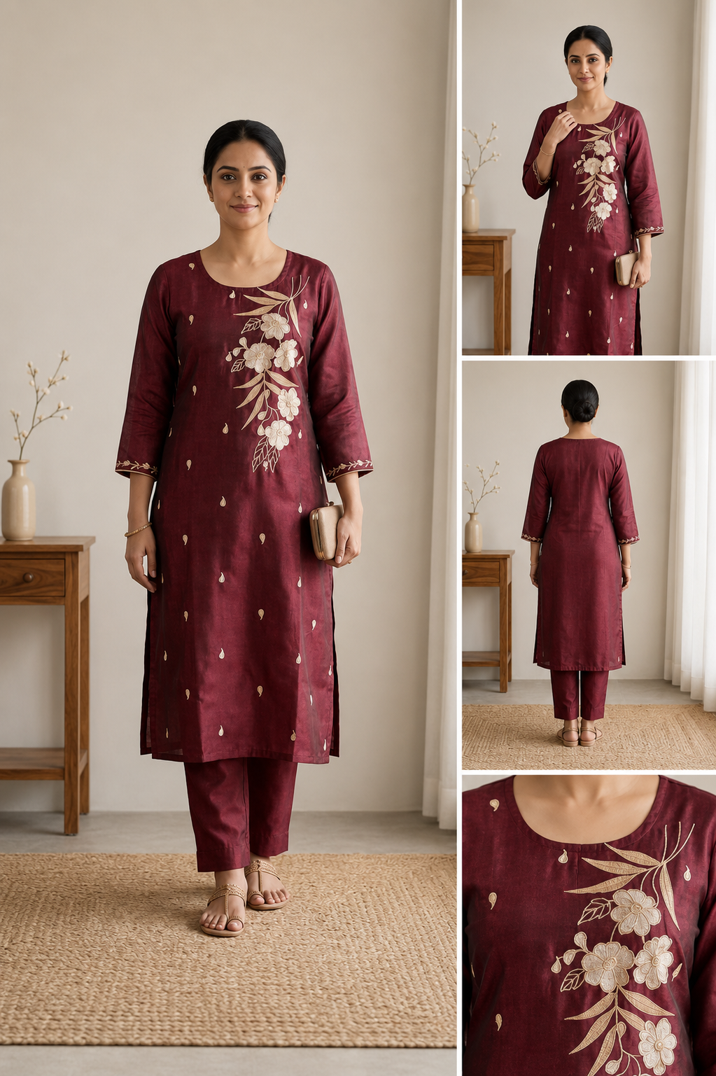 Maroon Embroidery Work Side Open Kurti for Women | Round Neck Glass Roman Kurti