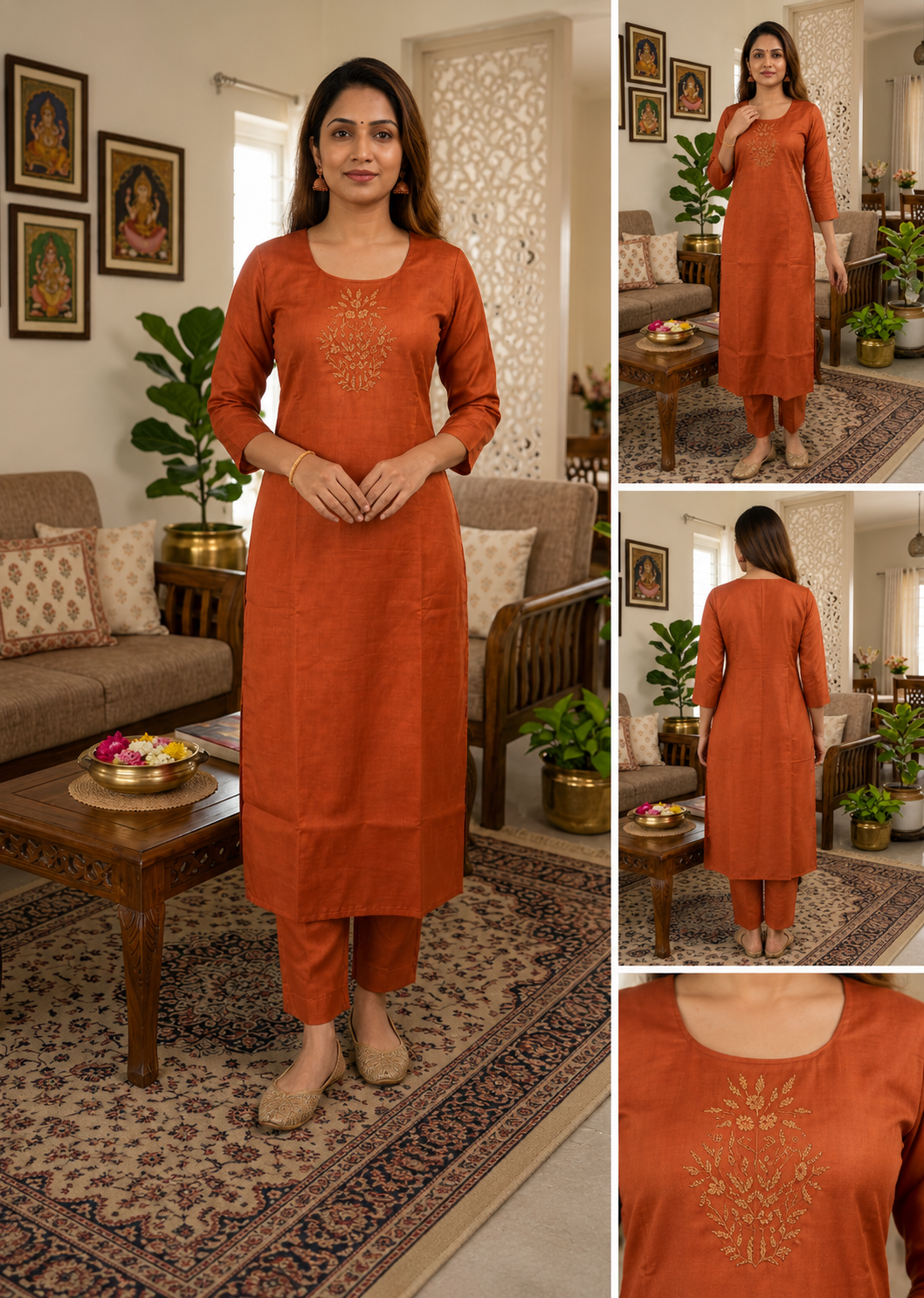 Orange Embroidery Work Side Open Kurti for Women | Round Neck Glass Roman Kurti