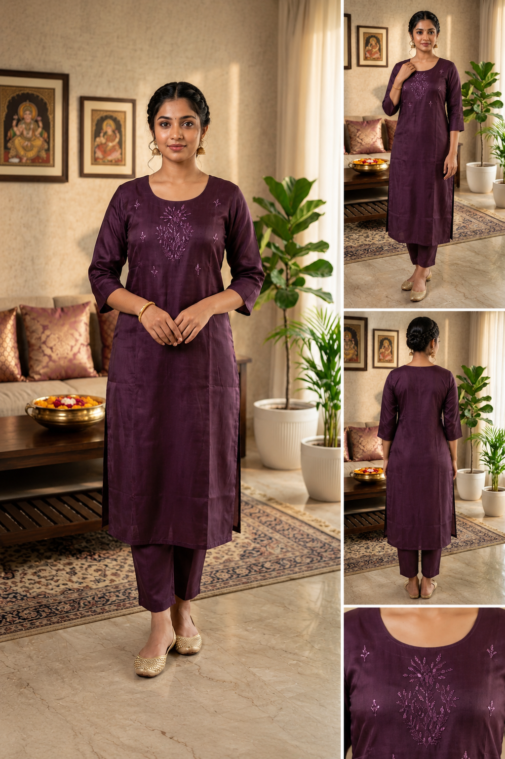 Purple Embroidery Work Side Open Kurti for Women | Round Neck Glass Roman Kurti