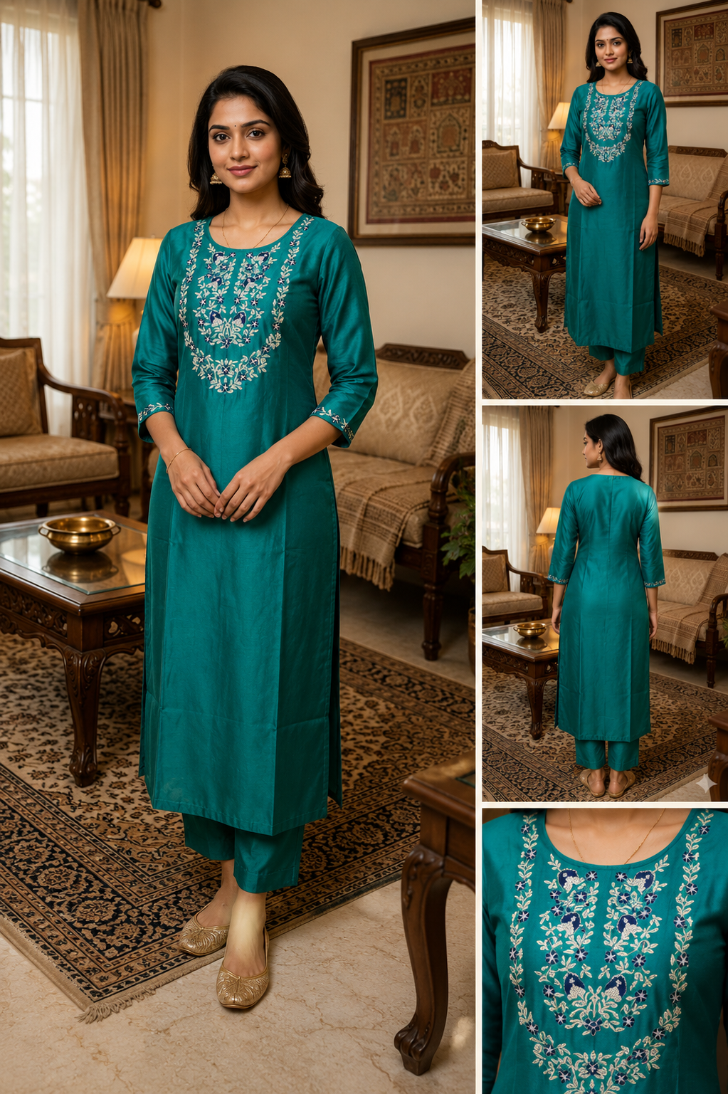 Rama Green Embroidery Work Side Open Kurti for Women | Round Neck Glass Roman Kurti