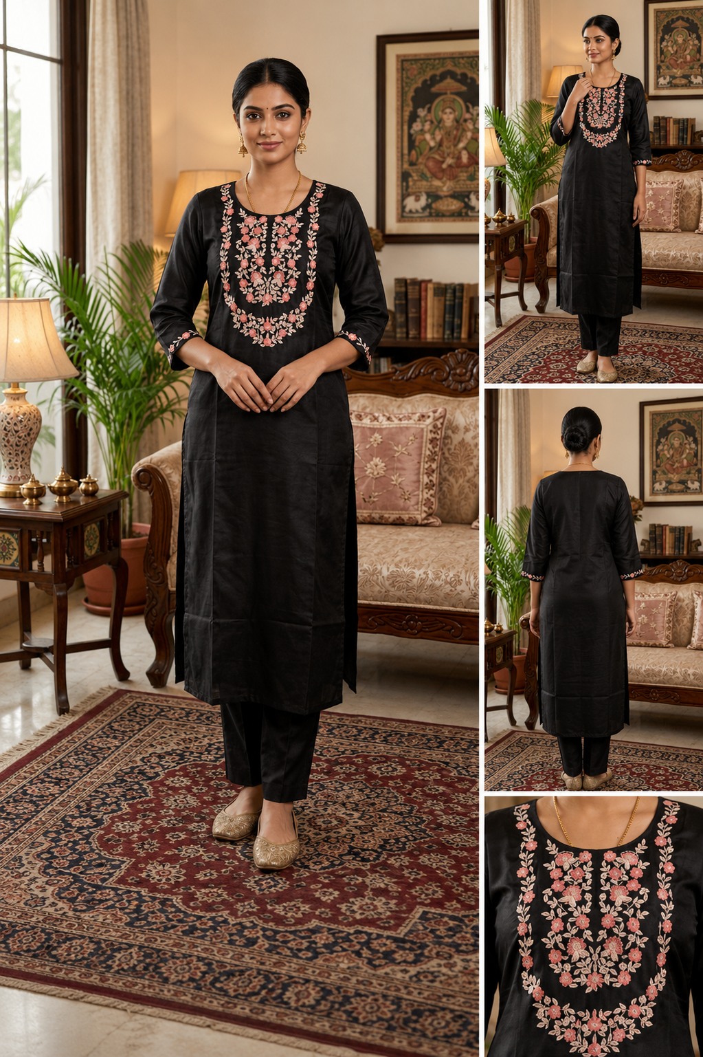 Black Embroidery Work Side Open Kurti for Women | Round Neck Glass Roman Kurti