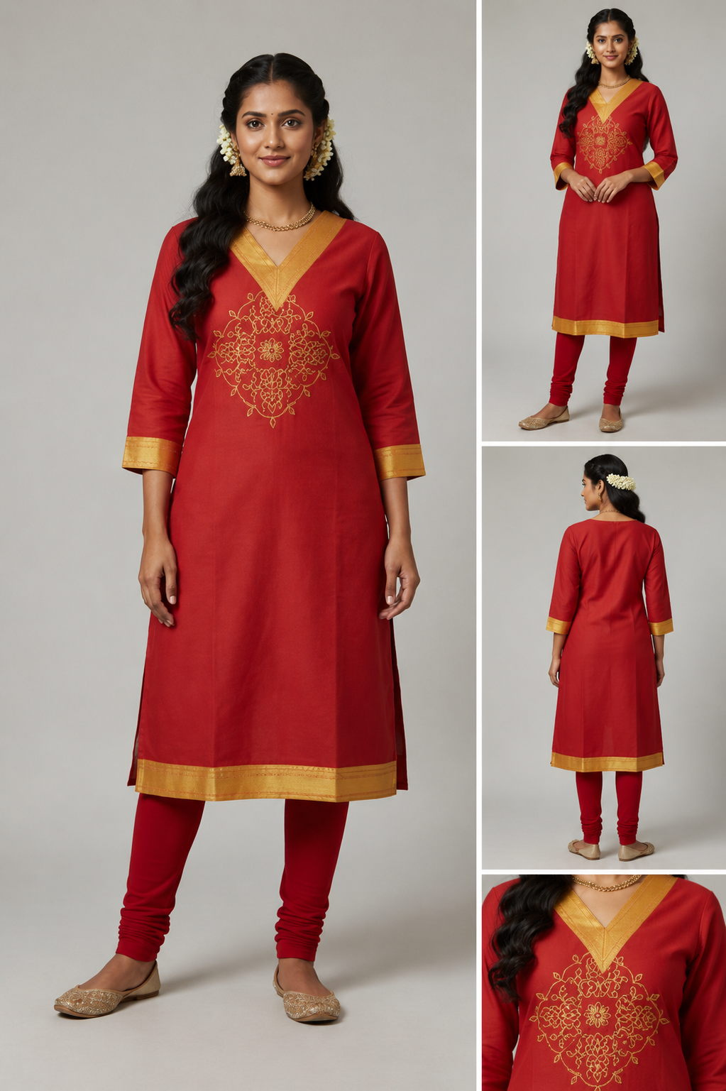 Red with Yellow Embroidery Work Side Open Kurti for Women with Pocket | V Neck Glass Roman Kurti