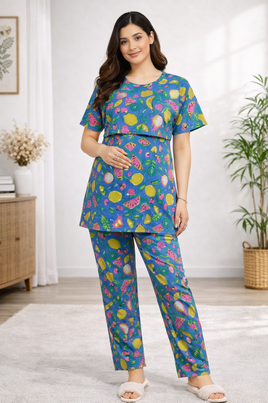 Multicolour Fruit Print Maternity Co-Ord Set (Zipless Feeding Wear)