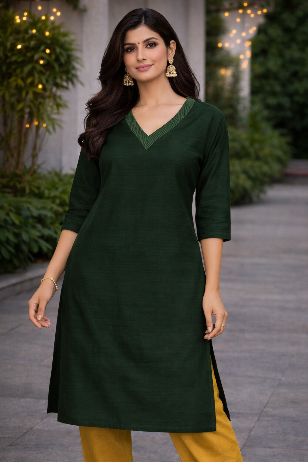 Dark Green Silk Cotton V-Neck Kurti