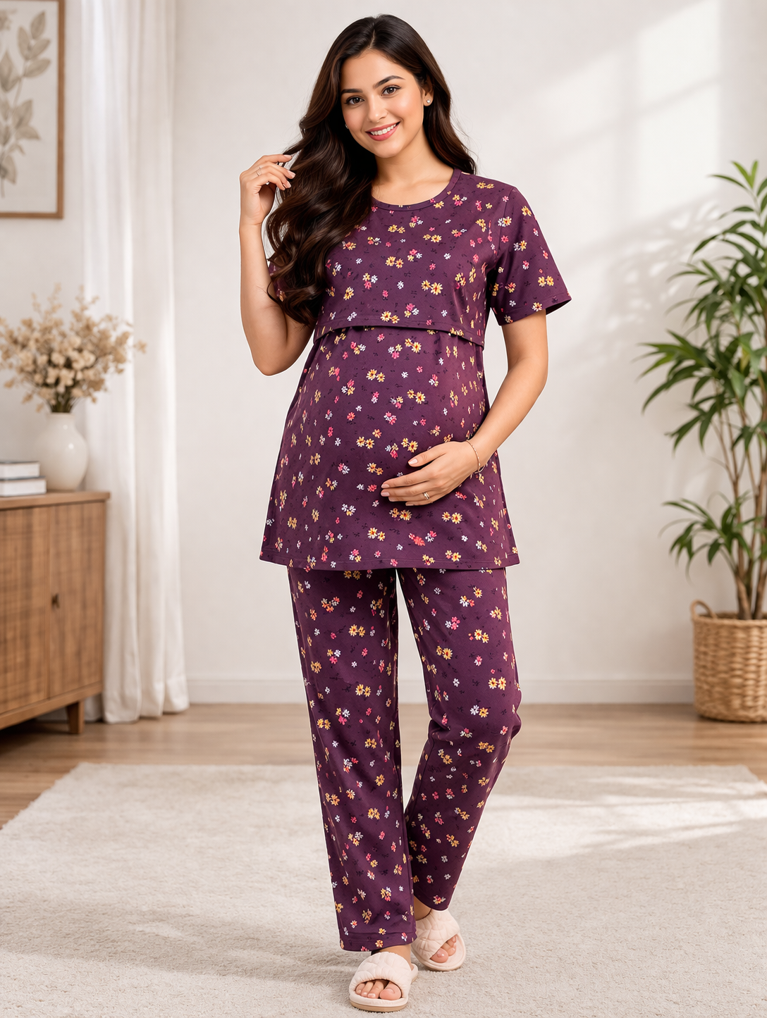 Wine Floral Maternity Co-Ord Set (Zipless Feeding Wear)