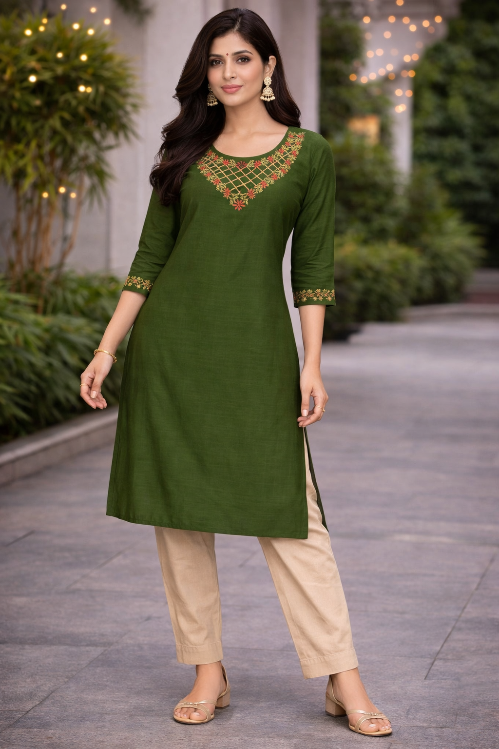 Green Silk Cotton Embroidered Kurti