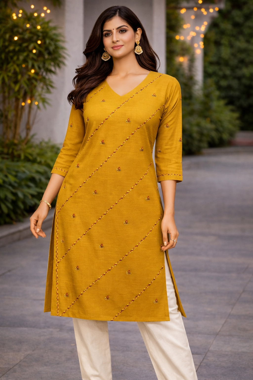Mustard Yellow Silk Cotton V-Neck Kurti