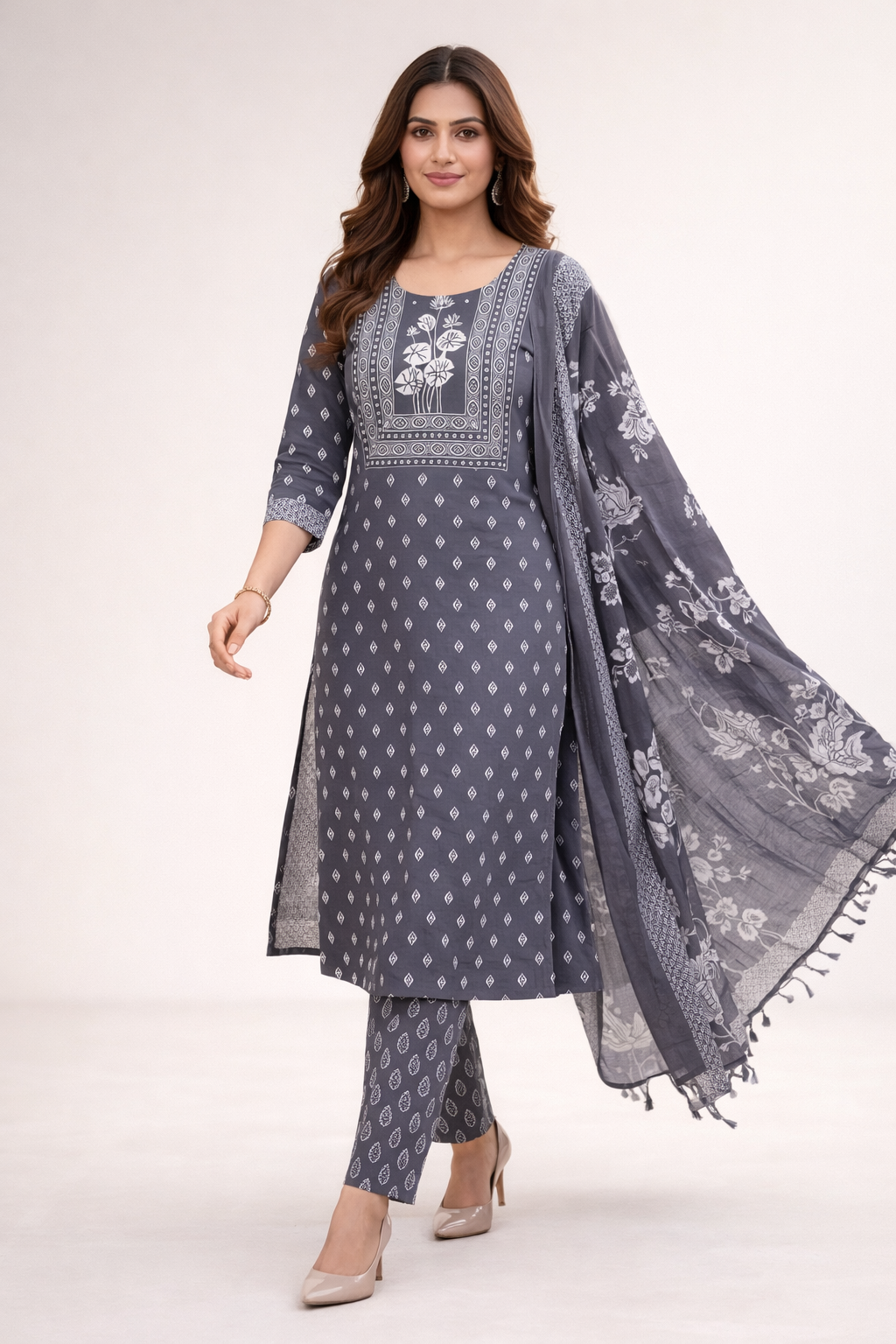 Ash Grey Printed Salwar Suit with Dupatta