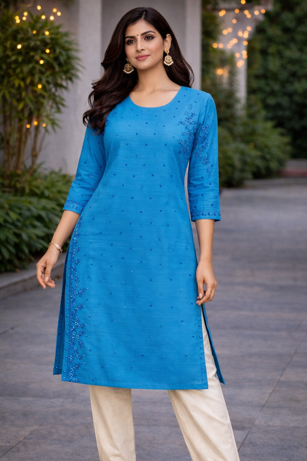 Sky Blue Silk Cotton Embroidered Kurti