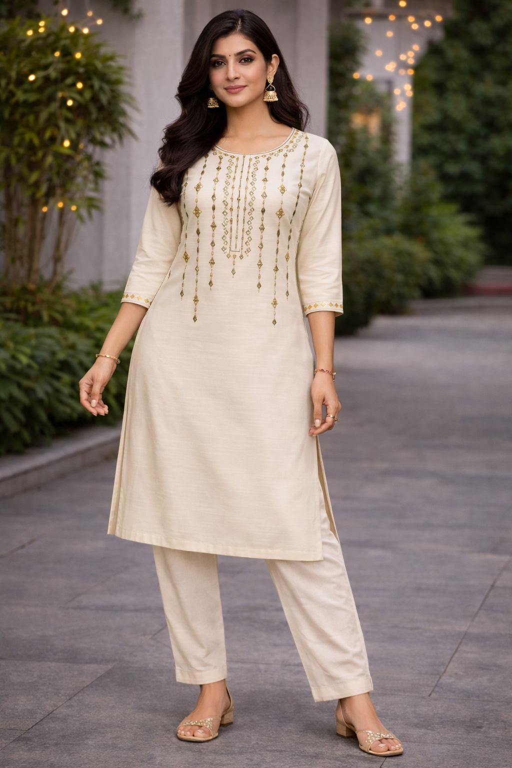 Half White Silk Cotton Kurti with Golden Work