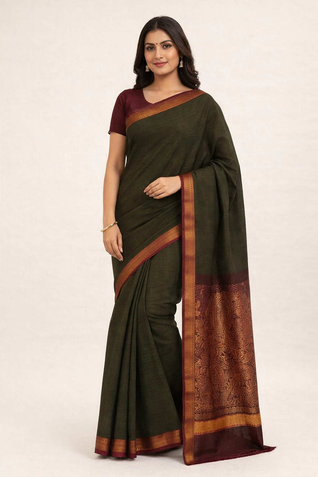 Dark Green Chettinad Cotton Saree with Rich Zari Border